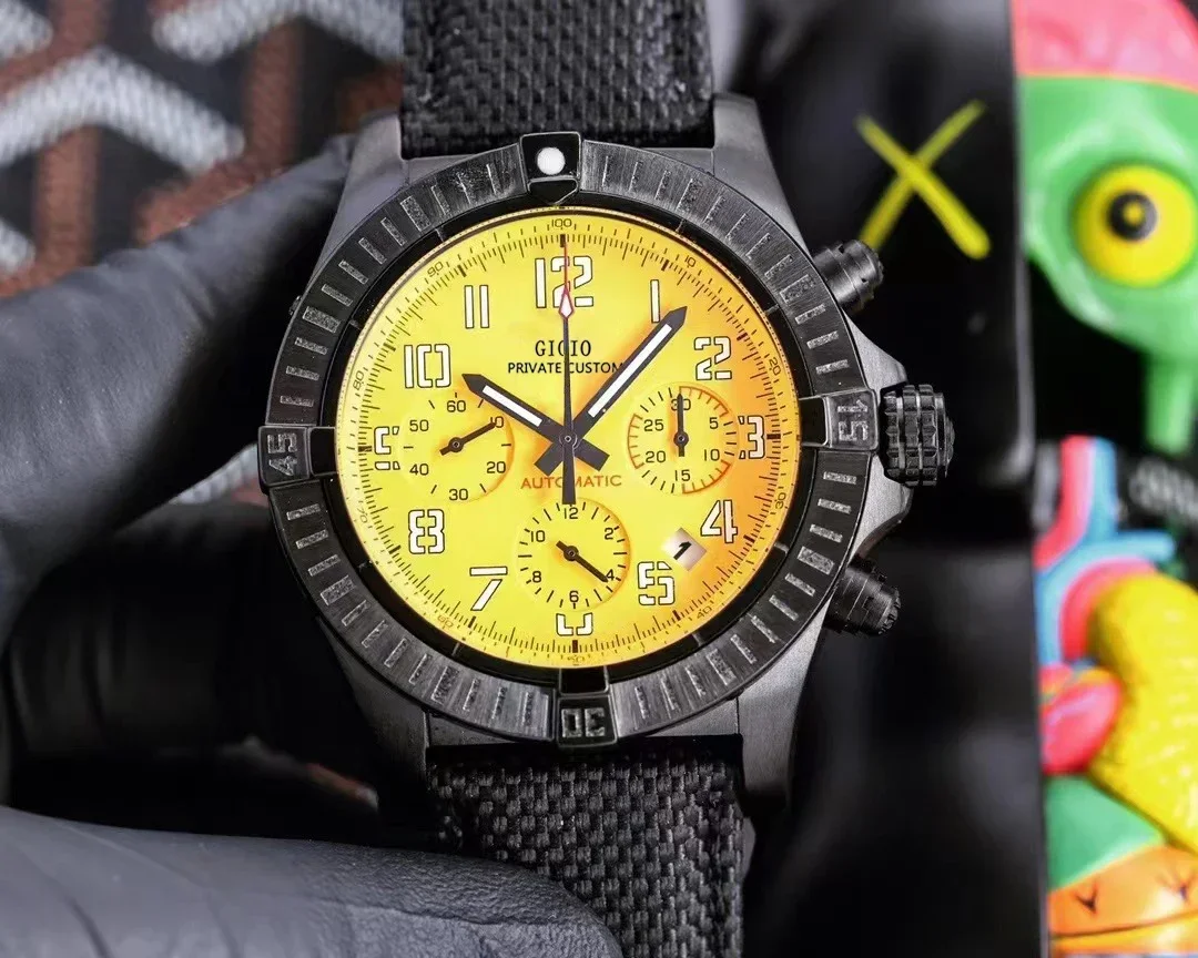 

43mm High Quality Mens Quartz Chronograph Watch Black Canvas Rubber Stopwatch Yellow Dial Stainless Steel Luminous Sapphire