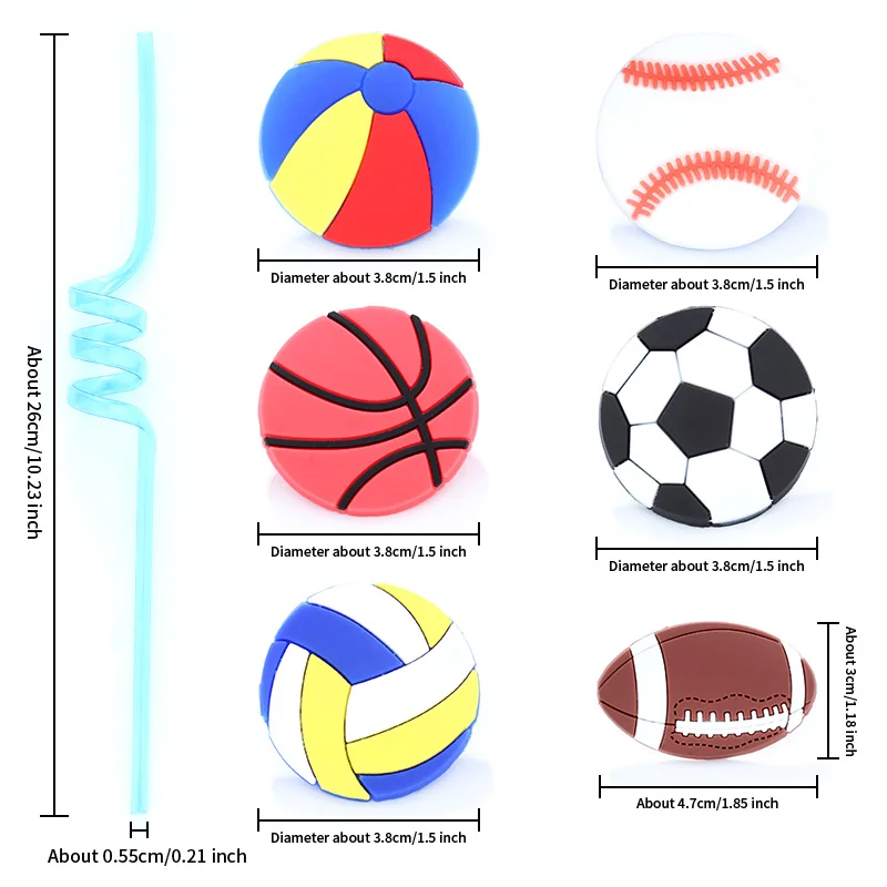 12pcs Reusable Sports Ball Straws-Basketball Soccer Baseball Themed Drink Straws for Birthday Parties Festivals and Weddings