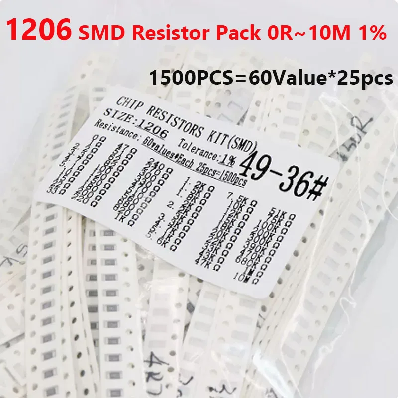 

1500PCS 0603/0805/1206 Resistor Pack SMD 0ohm~10M Precision 1% 60Value*25pcs Full Series 10R 100R 110R 1K 2K 1M 2M 1R
