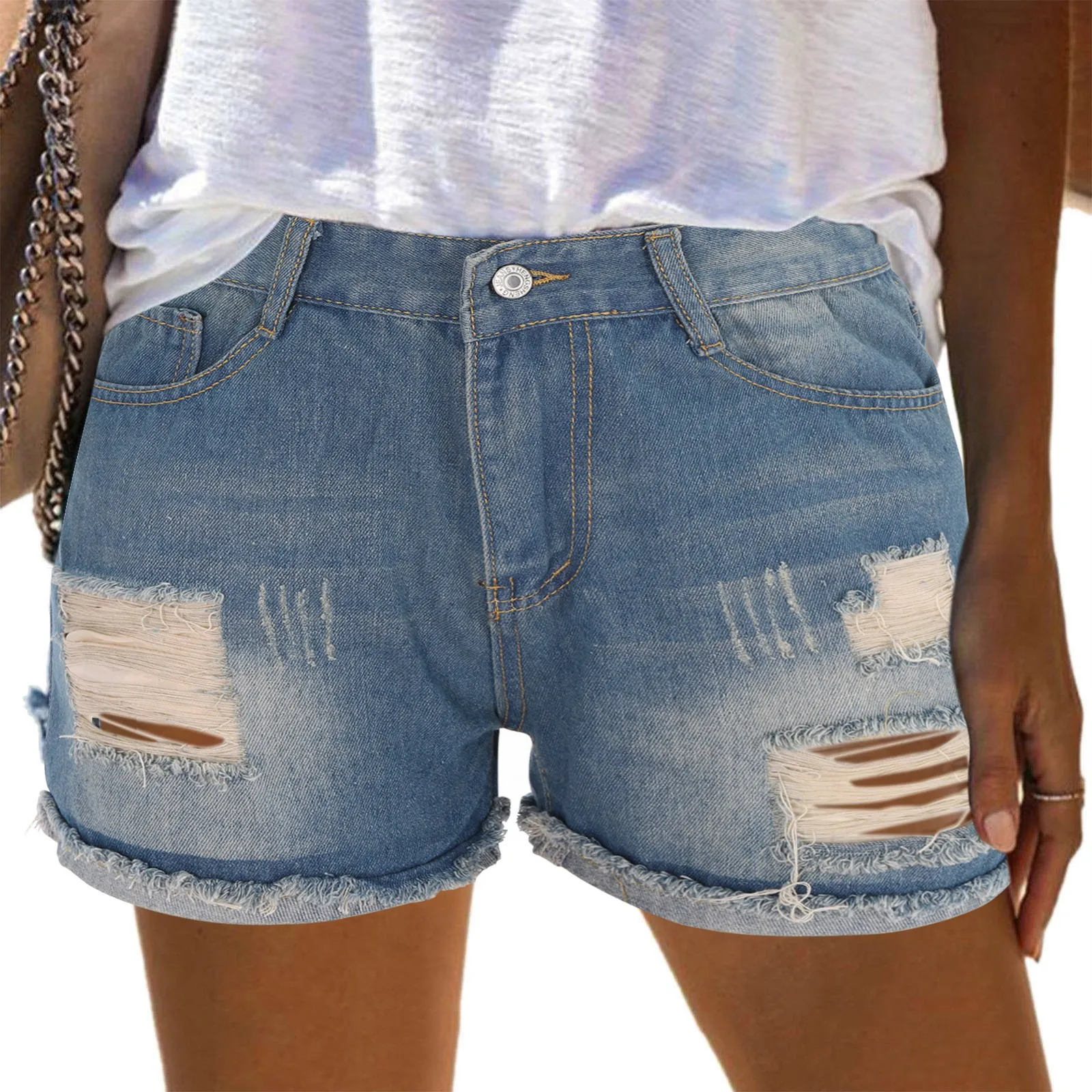 

Women Casual Hole Denim Shorts Pocketed Ripped Mini Hot Jean Short Pants Mujer Spring Summer Baggy Comfy Straight Cortos