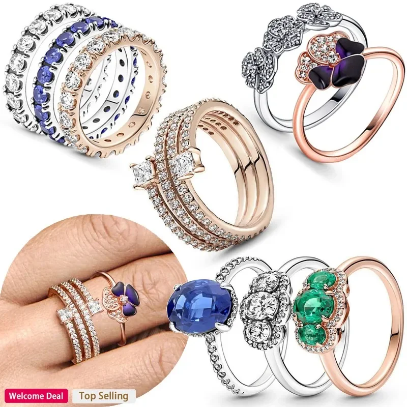 

Original 925 Silver Women's Sparkling Tri Color Viola Single Row Zircon Spiral Logo Tri Stone Ring Fashion DIY Charm Jewelry