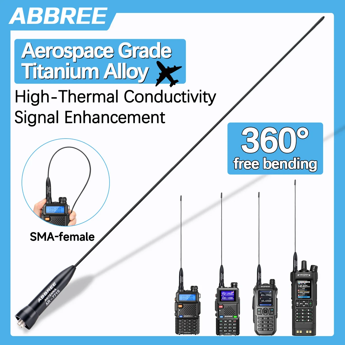 ABBREE AR-771S Aviation + titane SMA-matériau femelle antenne double bande pour Quansheng UV-K6 TK11 Baofeng UV-5R UV-32 UV-21 PRO V2
