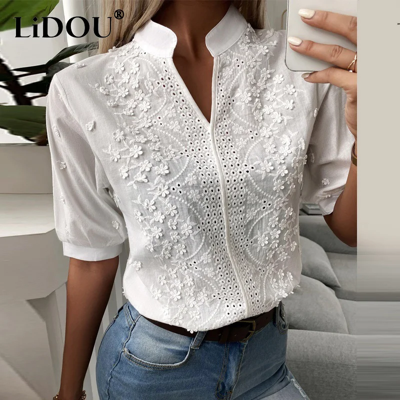 White Chic Hollow-out Lace Blouse Hook Flower Embroidery Decoration V Neck Casual Solid Shirt Half Puff Sleeved Cotton Top Women