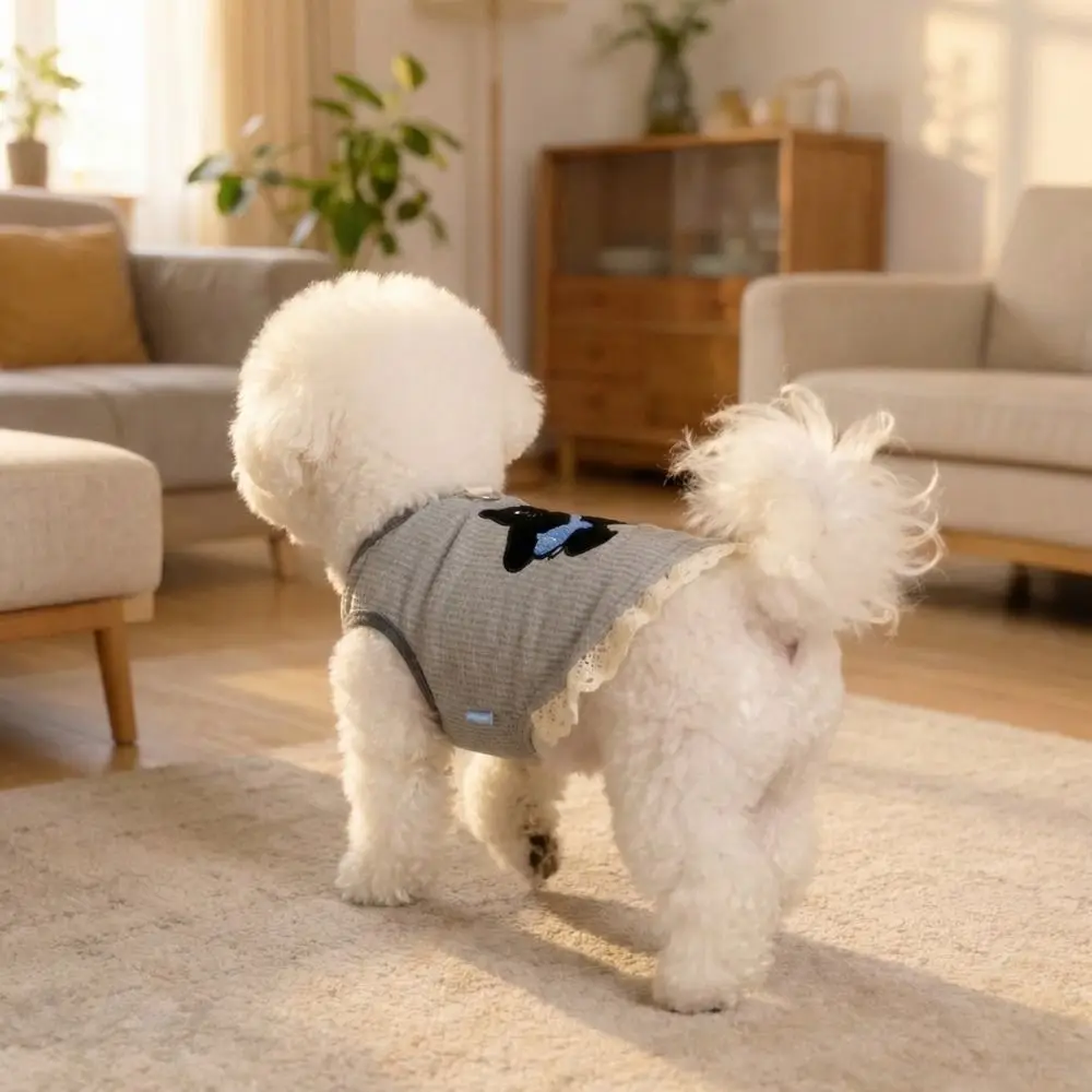 귀엽고 통기성 좋은 와플 펫 조끼, 레이스 마감의 편안한 고양이 후드티, 고양이 무늬 부드러운 강아지 풀오버, 실내/실외용