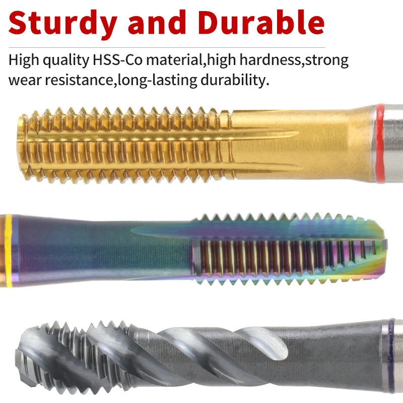 HSS-CO DIN 371 376 Blue Red Yellow Ring Spiral Fluted Tap Pointed Roll Forming M2 M3 M4 M5 M6 M8 M10