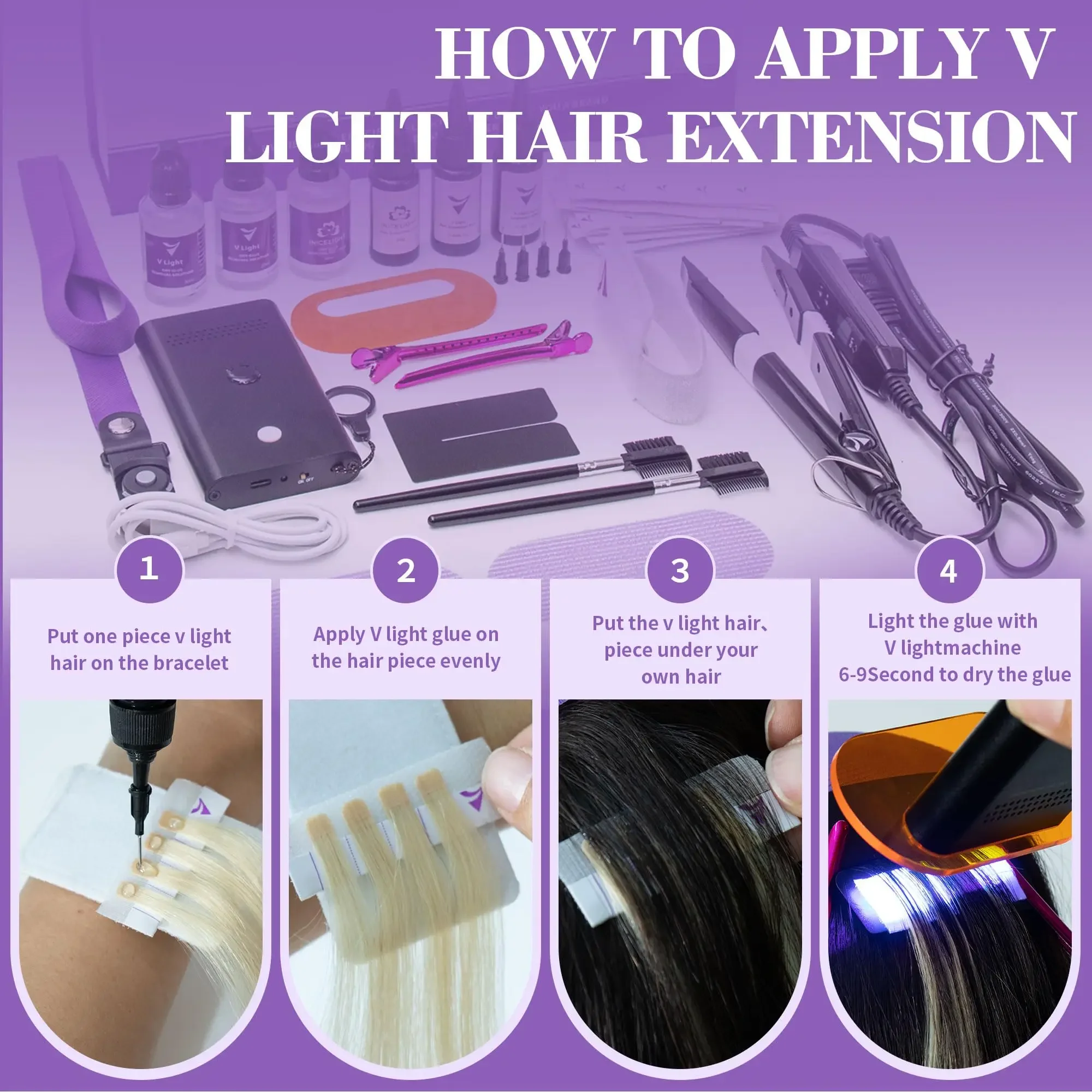 Hair Extension Tool V-Light Tech Hair Extension Connector Machine UV glue Kit Set Hair Extension Tools with UV light extension Removal