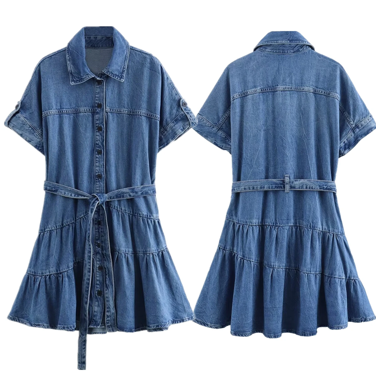 

Jenny&Dave Summer Dress Women Casual Mini Dress With Belt Minimalist Retro Washed Denim Dress Women Tops