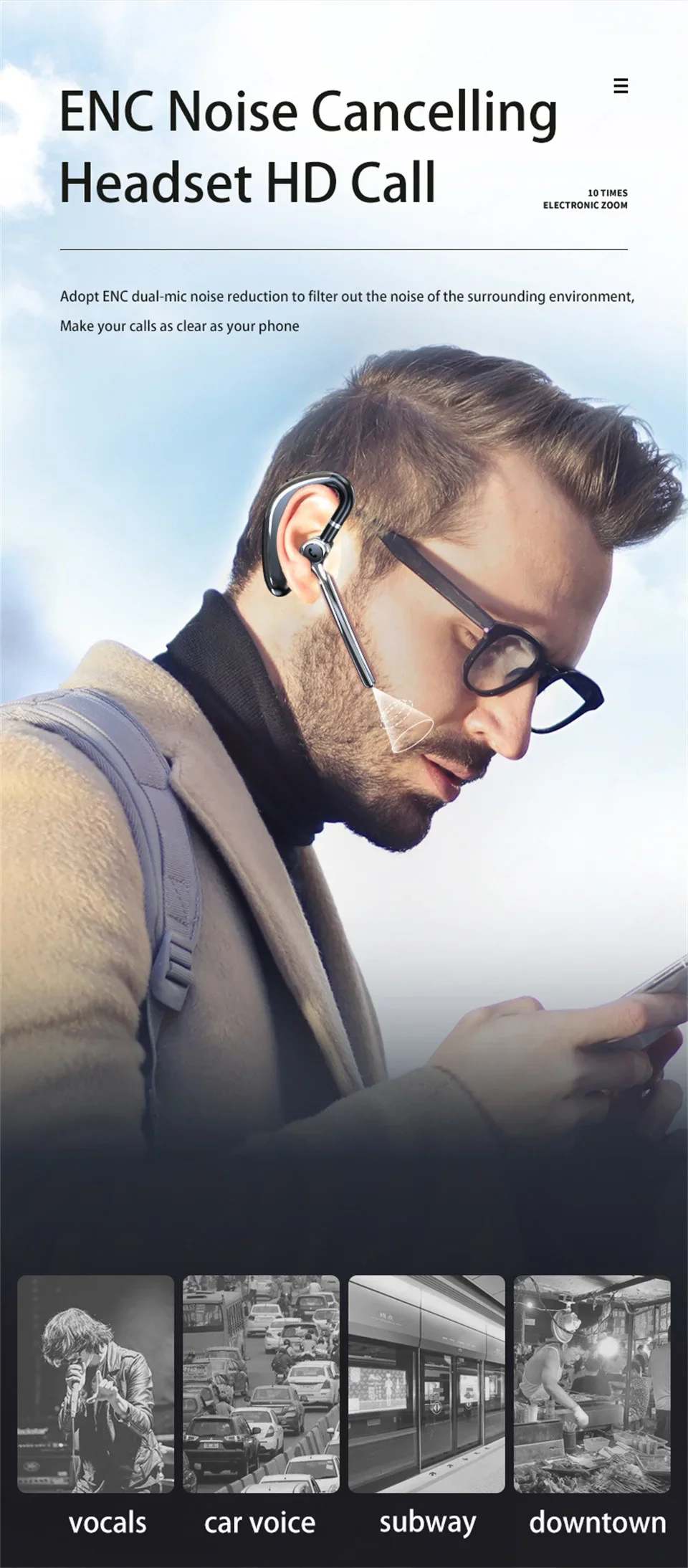 Wireless Headphones Single Ear Bluetooth Earphone With Microphon Noise Cancelling Talking Headset Busines Auriculares Driving