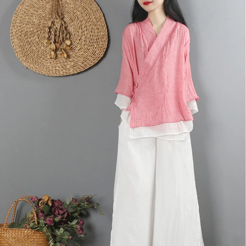 Chinese Style Ethnic Harajuku Zen Tops Clothes Women Cotton Linen Solid Vintage Tang Suit V Neck Loose Spring Blouse Thin Hanfu women chinese shirt