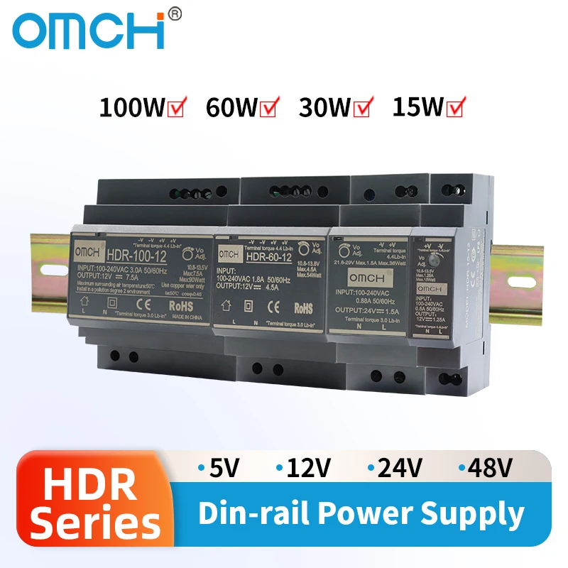 DIN Rail Switching Power Supply SMPS 100-240VAC 140-340VDC HDR-15W 30W 60W 100W แรงดันไฟฟ้า 5V 12V 24V 48V 0-7.1A 1