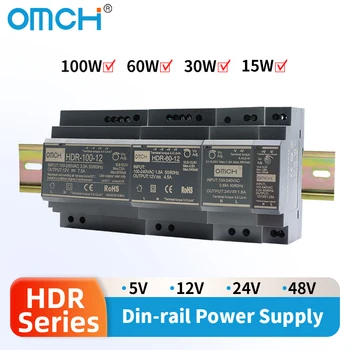 DIN Rail Switching Power Supply SMPS 100-240VAC 140-340VDC HDR-15W 30W 60W 100W แรงดันไฟฟ้า 5V 12V 24V 48V 0-7.1A 1