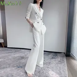 Women's High End White Two Pieces Suit Set 2022 New Office Lady Casual Loose Graceful Coats+Trousers Sets Fashion Basic Clothing