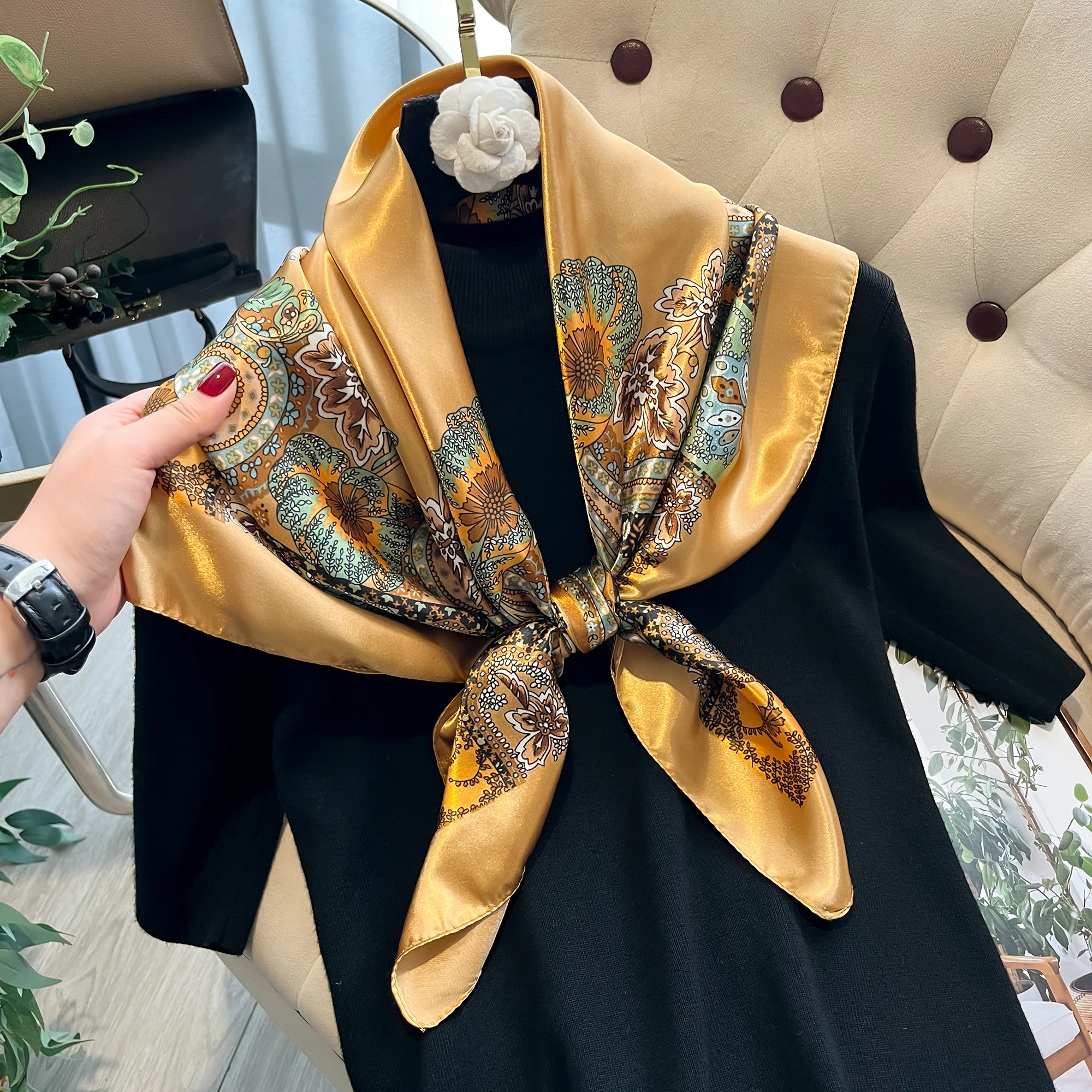 New 90*90cm Women's Square Silk Satin Scarf Flower Printed Shawls Hijab Four Seasons Bandanna Scarves Accessories Hairband Scarf