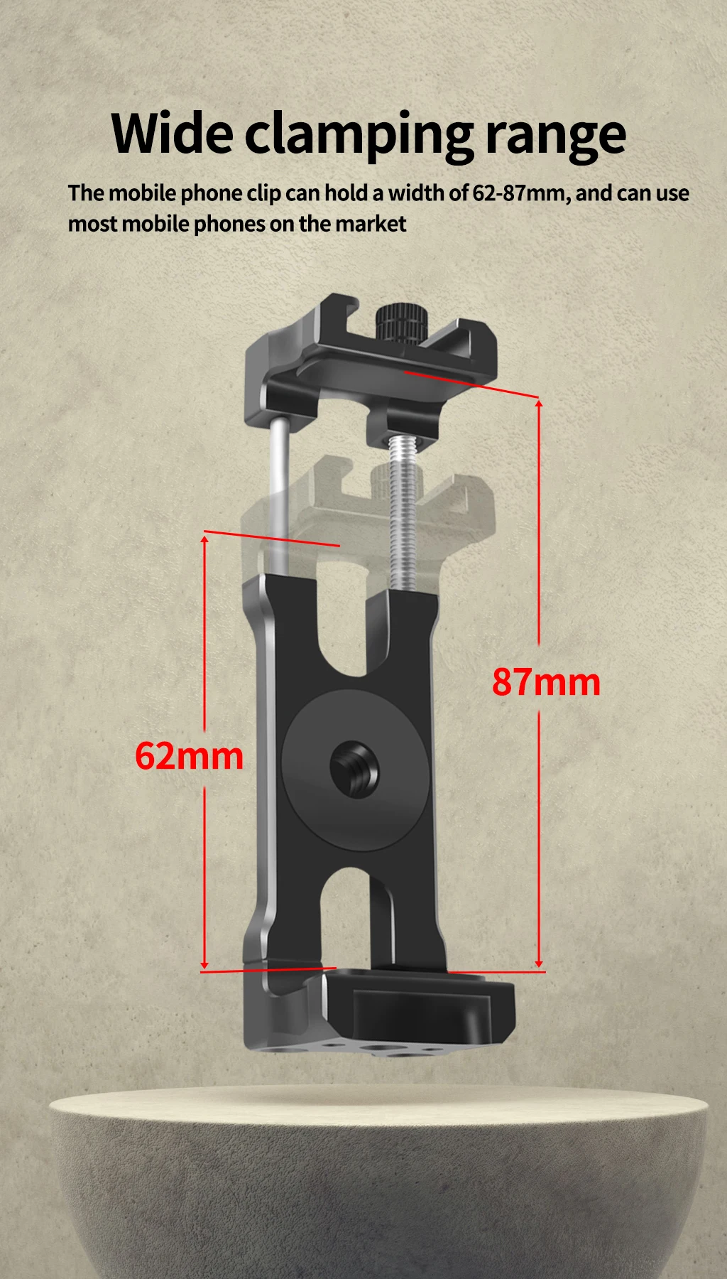 Description Picture 5 of itemU Clip Phone Holder Extendable 62-87mm Width Clamp Cold Shoe Mount 1/4" ARRI for iphone Camera Cage Phone Stand Tripod Bracket