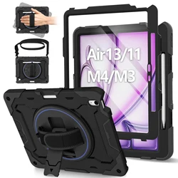 Heavy Duty Rotating Shockproof Tablet Case with Stand and Shoulder Strap - Black for iPad Air 13 2026 M4 (Black)