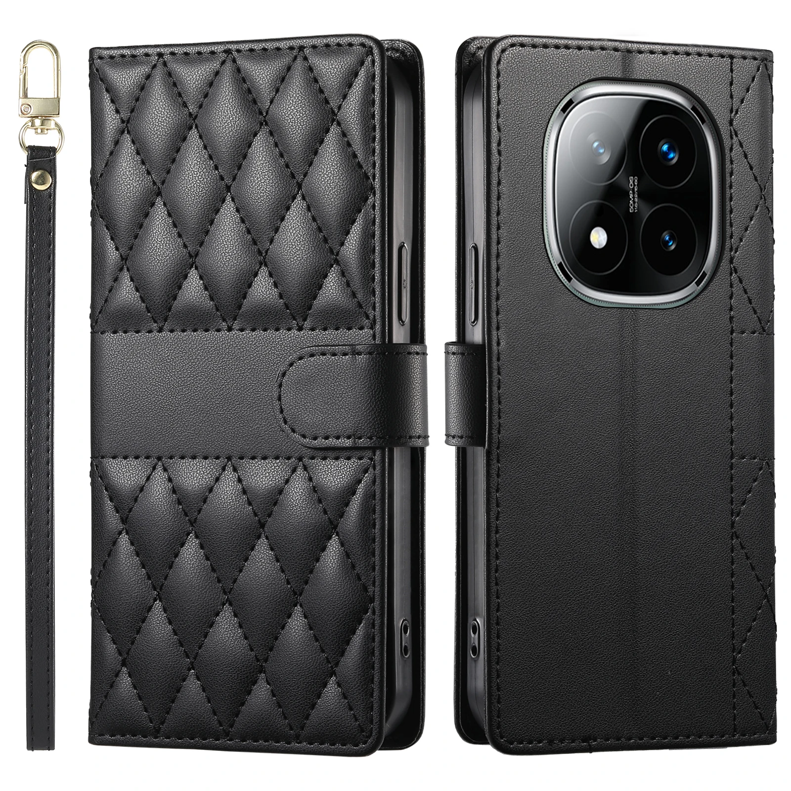 Crossbody Leather Wallet Case with Card Slot and Grid Lanyard – Book Flip Cover