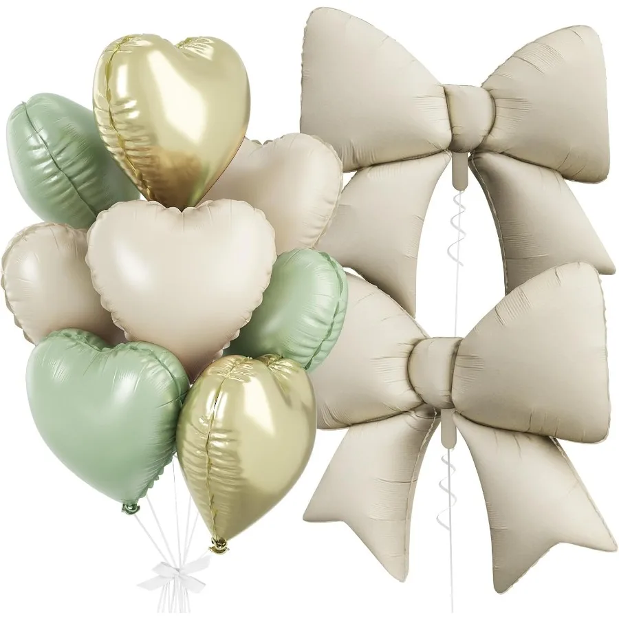 Salbeigrün-Gold-Herz-Luftballons, Folien-Schleifenballons, 12 Stück 18 Zoll herzförmiger Ballon und 38 Zoll Helium-Partyballon mit cremefarbener Schleife