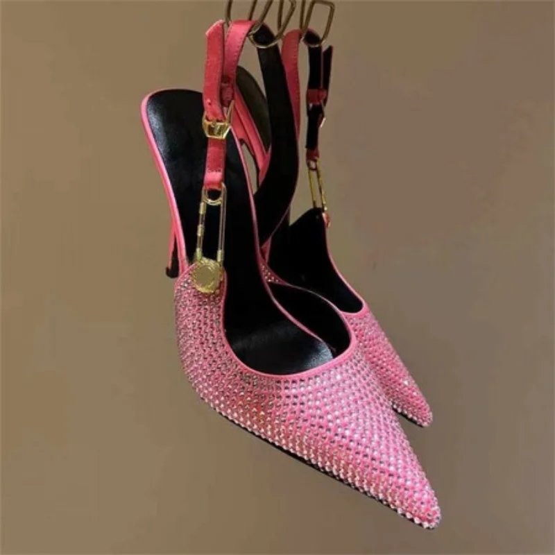 2023 Summer New Silk Rhinestone Belt Buckle Back Hollow Pointed Thin Heel Baotou Sandals Women's High Heels Banquet Shoes
