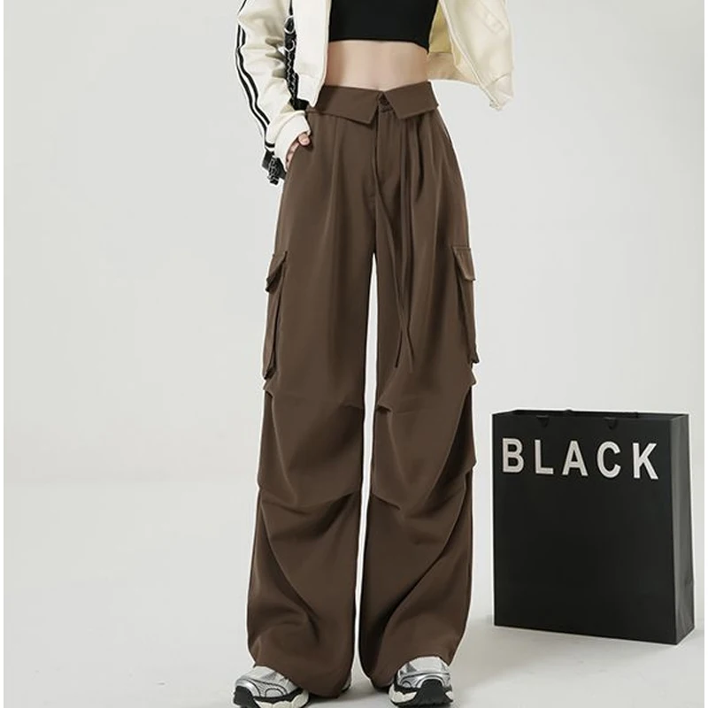 Autumn Winter New Solid Color High Waist Wide Leg Trousers Women High Street Casual Loose Pocket Button Lacing All-match Pants