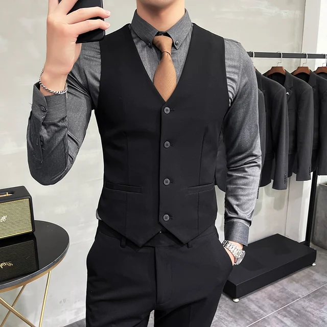 S-7XL High-end Brand Solid Color Elastic Men's Casual Business Vest Groom Wedding Suit Party Waist Coat 2