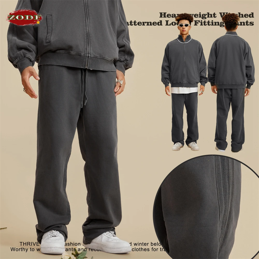 ZODF 2023 Autumn Winter Men Washed 450gsm Pants Unisex High Street Oversized Straight Trousers Streetwears HY0626 4