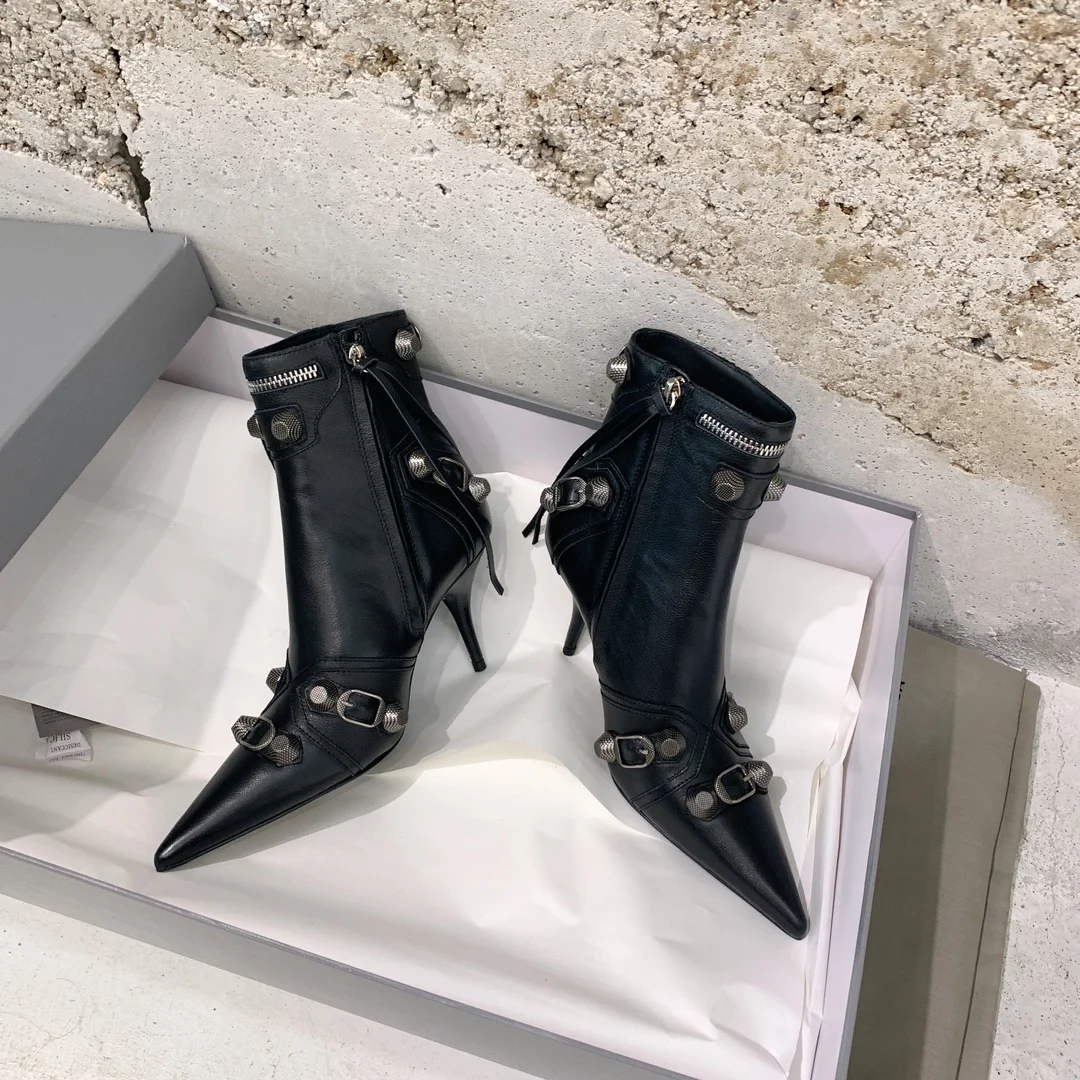 

New Season Paris Boots Cagole 90mm Bootie In Black Lambskin Inner Zipped Closure Studs And Buckles Italy Shoes