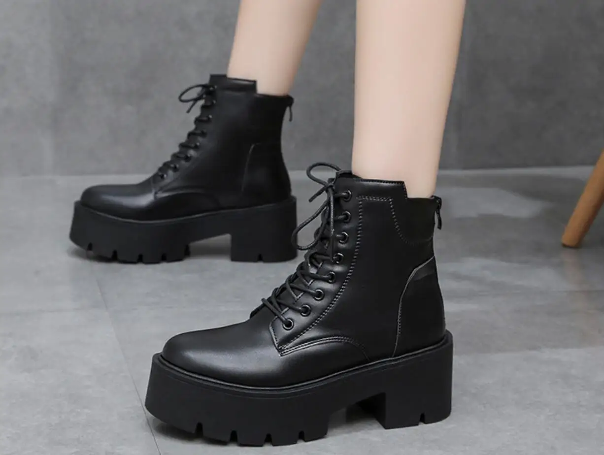 Women's Ankle Boots Lace Up Square Toe Ladies Boots Thick Bottom Non-slip High Heels Female Shoes Winter Footwear Boots Large
