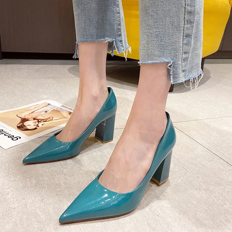 Women Shoes Patent Leather Slip-On Chunky Heels High Heels Women Temperament Pointed Toe Shallow Sexy Wedding Shoes Pumps 5