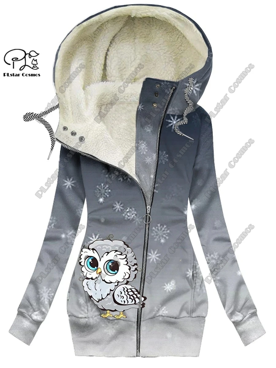 New 3D printed animal series cute owl pattern plus velvet warm women's long zipper hoodie coat commuting casual winter M-3