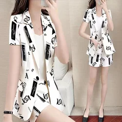 Women's Suit 2022 Summer New Fashion Korean Style White Clothes Pattern Printed Jacket Coat Top Shorts 2 Two Piece Set For Women