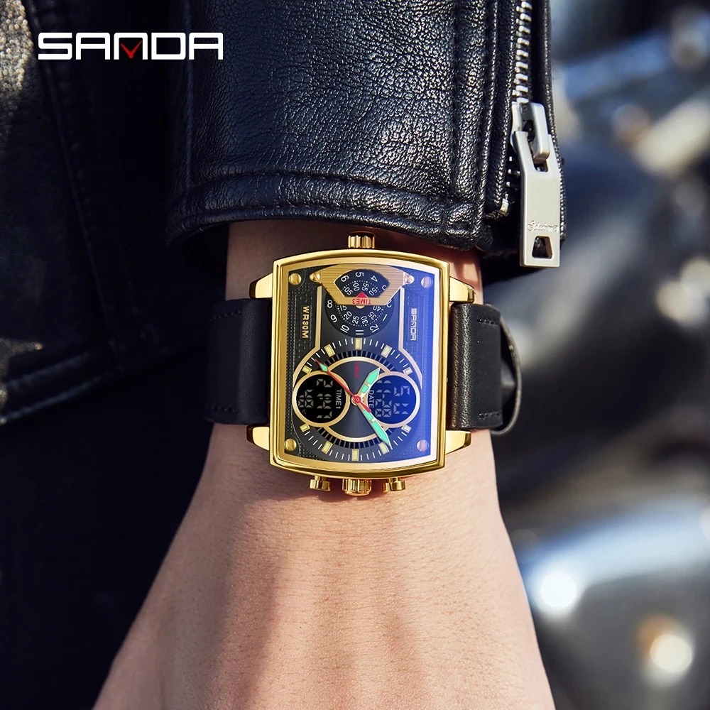 SANDA 2023 New Luxury Mens Watches Top Brand Fashion Digital Quartz Dual Display Wristwatch For Men Clock Relogio Masculino 6032