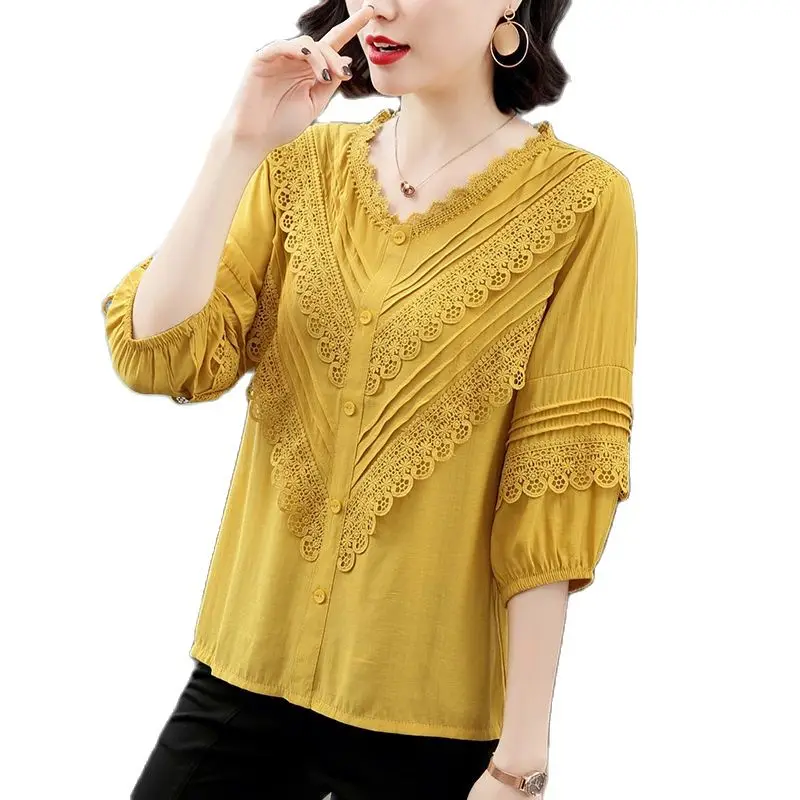 Mid-Sleeve Loose Ladies Chiffon Shirt 2022 Spring And Summer New Korean Women Fashion All-Match Top Bottoming Shirt Female Tide
