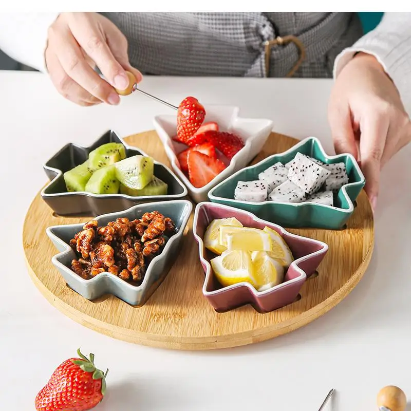 

Ceramic Fruit Plate Creative Christmas Tree Separated Snack Plate Rotatable Bamboo and Wood Tray Household Snacks Candy Platter