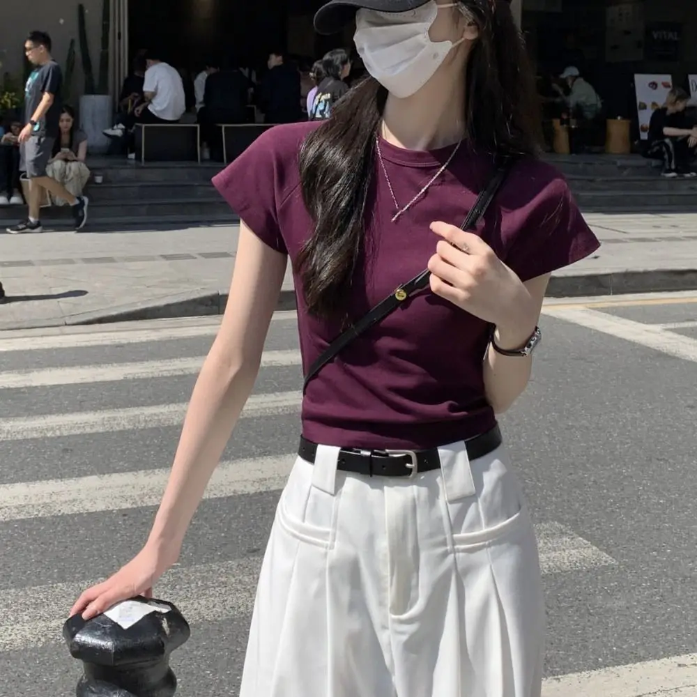 Cute Solid Color Short Sleeve T-shirt Slim Fit Sweet Y2K Crop Top Chic Korean Style Tees Shirts Women Streetwear