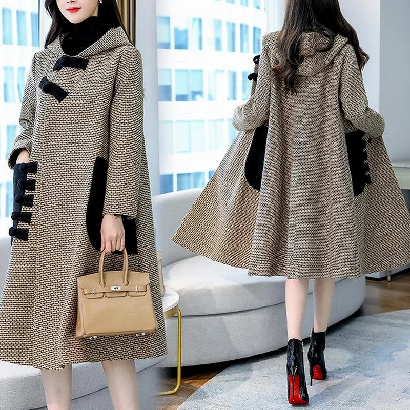 Open Front Long Jacket Hoodies Autumn Stylish Women Hooded Wool Coat Casual Solid Long Sleeve Woolen Cardigan Thin Trench Coats