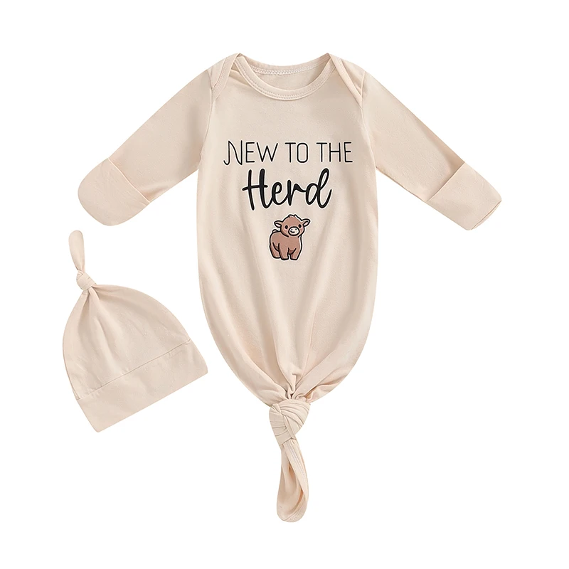 Newborn Sleeping Bags Letter Cow Print Long Sleeve Knotted Swaddle Baby Sleep Sack with Matching Hat