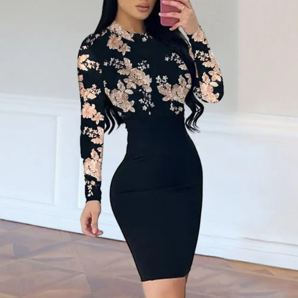 

Elegant High Waistline Dress Flower Print Slim Fit High Waist Sheath Mini Dress for Women Long Sleeve O Neck Elastic Above Knee