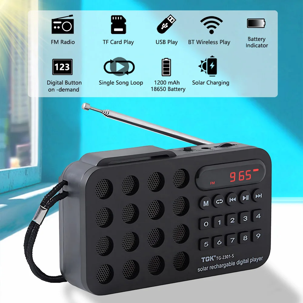 FM Radio Solar Charging Portable FM Receiver Radio With Bluetooth Wireless Speaker Support USB TF Card MP3 Music Play