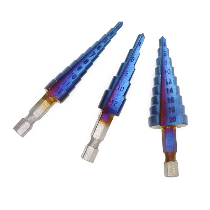 XCAN Step Drill Bit 3-12/4-12/4-20mm HSS Cone Drill Bit 3pcs Nano Blue Coated Metal Stepped Drill Straight Core Drilling Tool