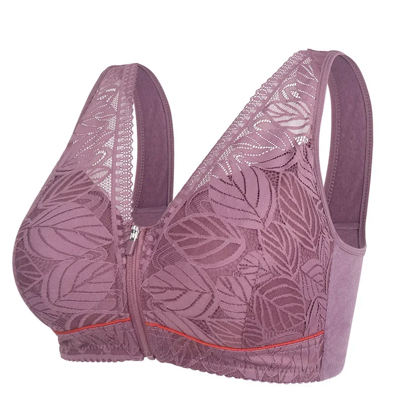

Soft Cotton Cup Front Zipper Mom Lingerie For Middle-aged And Elderly Women No Underwire Holding Comfortable Lace New Plus