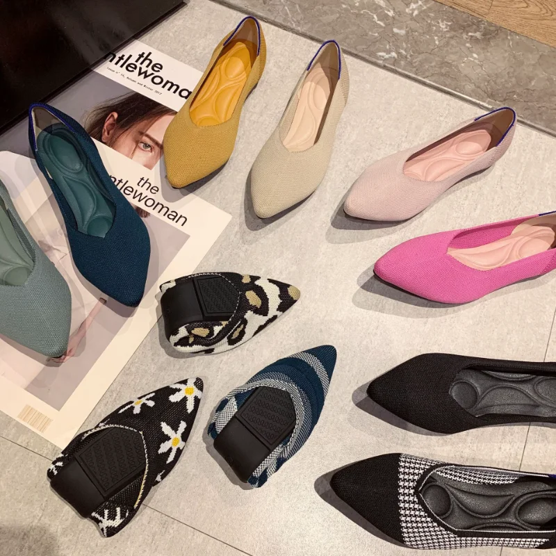 New Woman Flats Knit Pointed Shoes Women Shoes Ballet Shoes Mixed Color Shoes Zapatos De Mujer Large Size Ladies Loafers