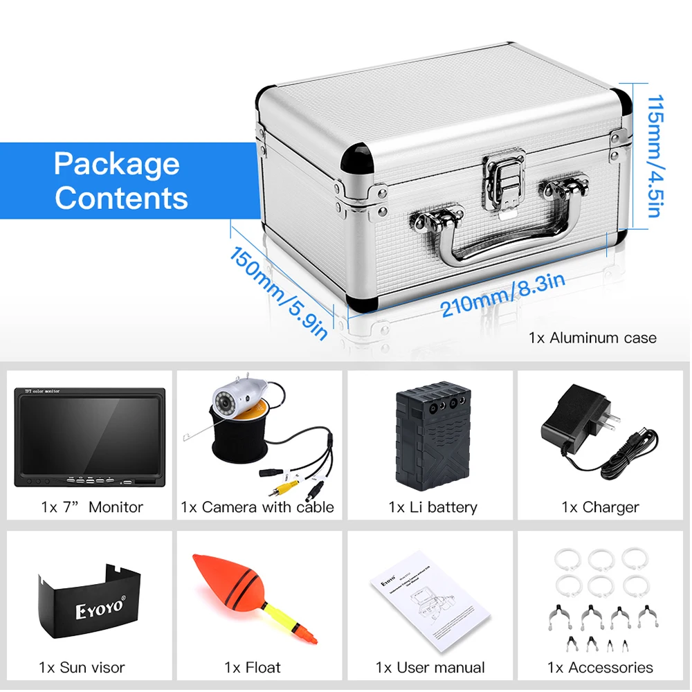 Eyoyo EF07 Fish Finder Kit 7" Color Monitor Underwater 12pcs IR Fishing Camera 15M 30M 50M Cable Aluminum Carry Case Waterproof