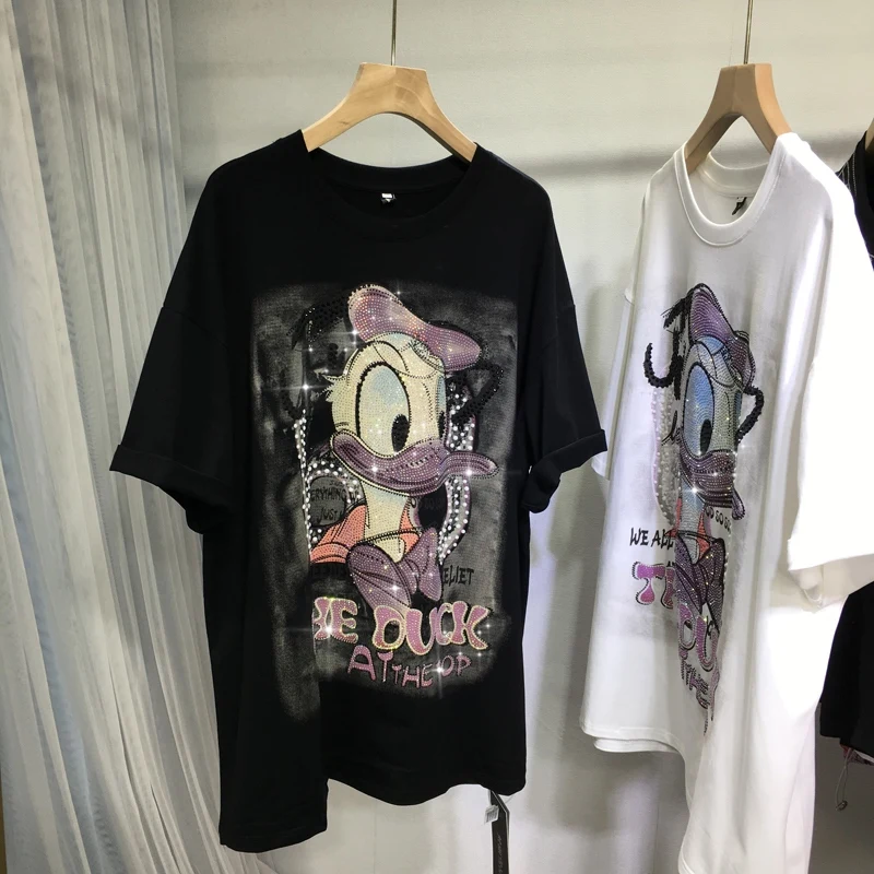 

Luxury Cute Cartoon Hot Drilling Women Tshirts All-match Mid-long Summer O-neck Pullover Top Casual Short Sleeve Loose Tees