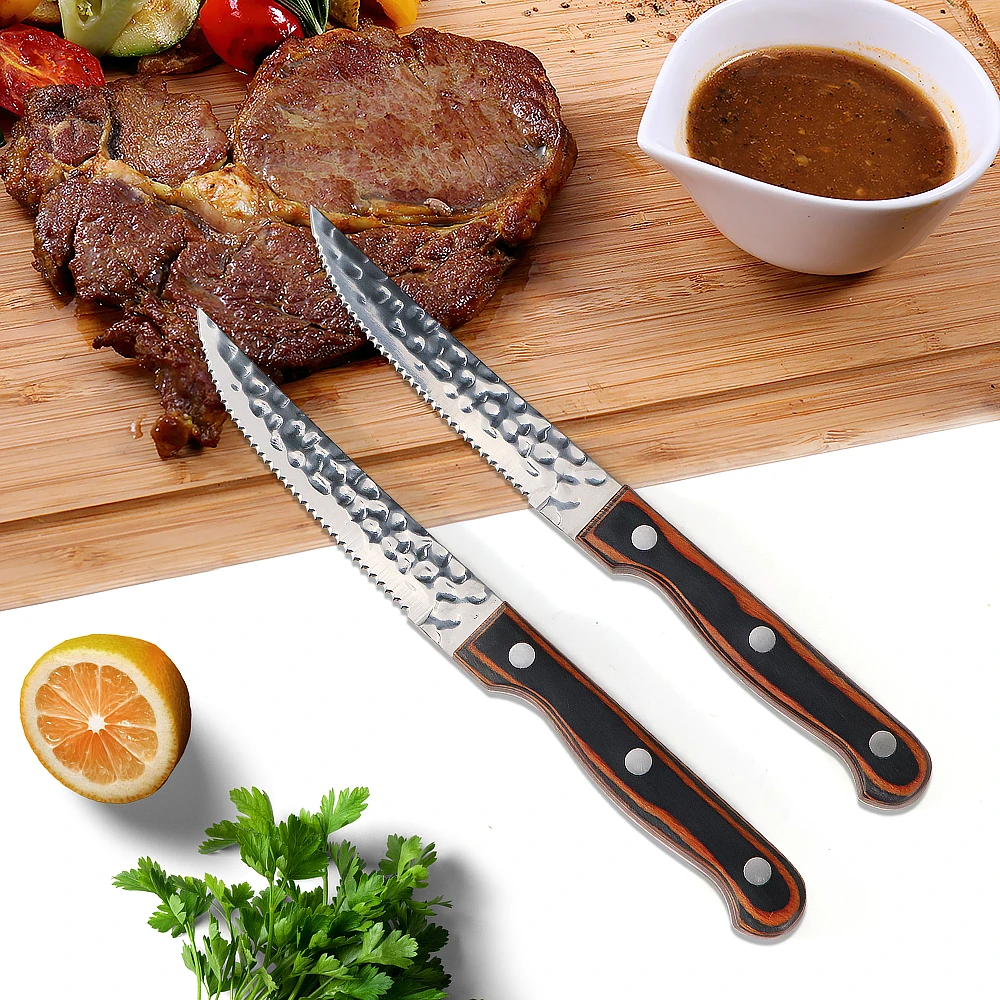 

Jaswehome Steak Knife Stainless Steel Dinner Steak Knives Hammered Forge Sharp Blade Pakka Wood Handle Table Kitchen Tools