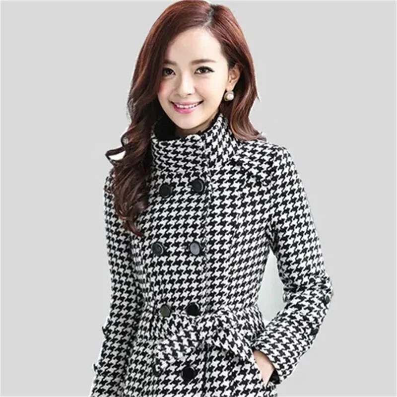 With or Without Cotton Optional Thousand Bird Check Windbreaker Double Breasted Slimming Wool Coat Medium Long Women's Commute X