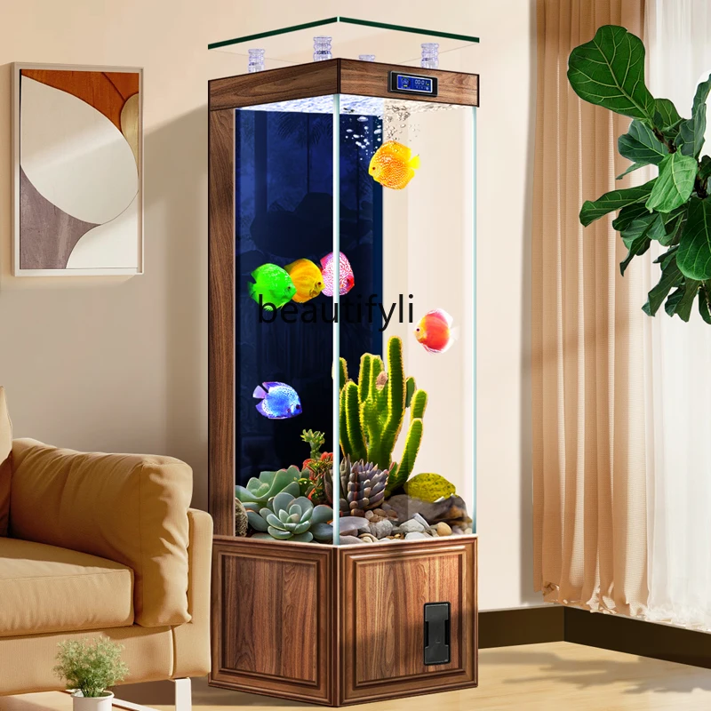 

New Chinese Style Back Filter Fish Tank Living Room Vertical Floor Imitation Solid Wood Super White Glass Small Square Cylinder