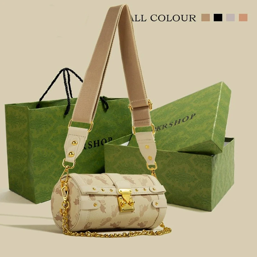 

Luxury Niche Cylindrical Shoulder Bag for Women Barrel-shaped Summer Casual Printed Crossbody Female Trendy Retro Fashion Bag