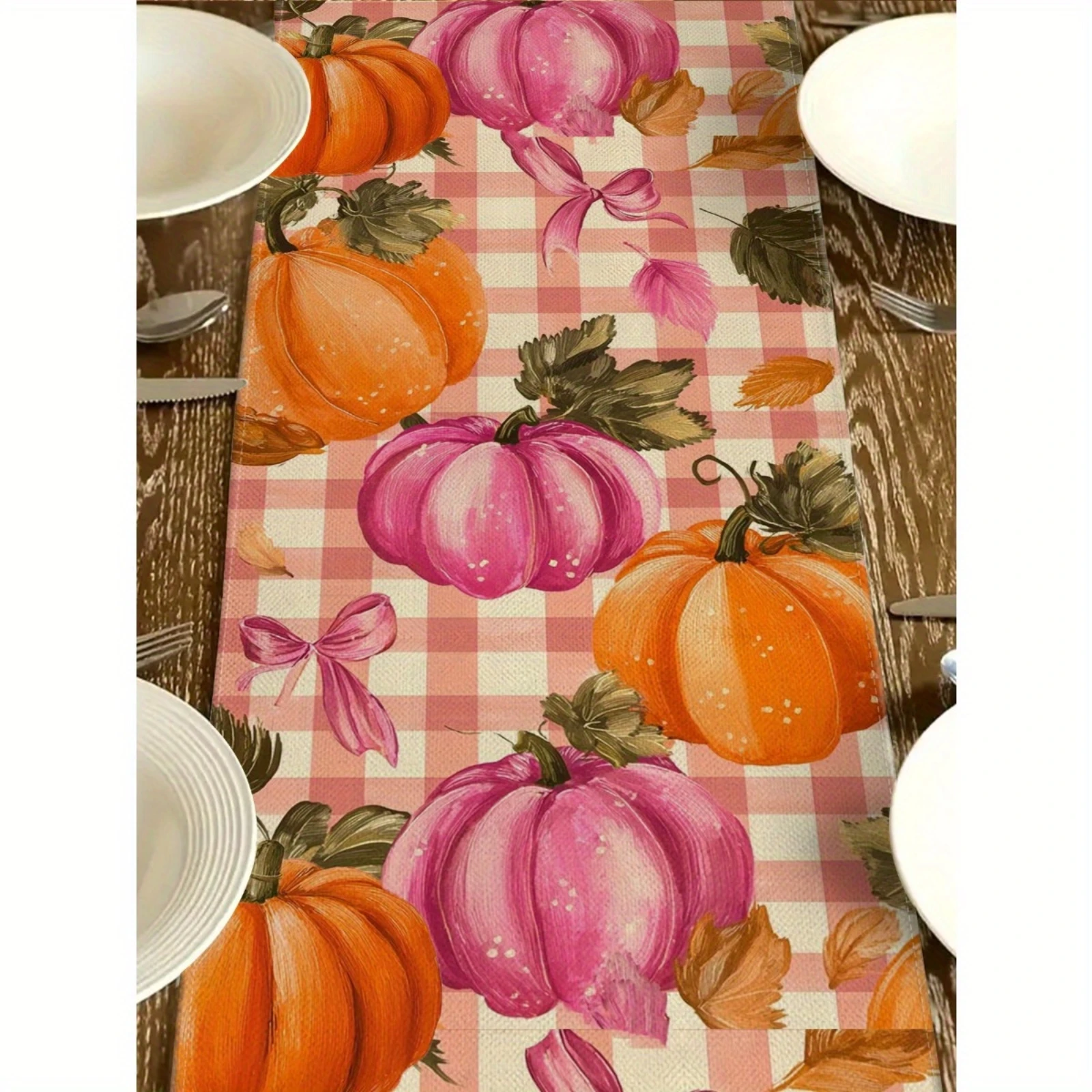 Pink Pumpkin Plaid Table Runner 3