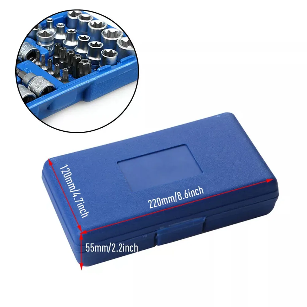 Professional 34pcs Torx Bit Socket & E-Torx Star Socket Set 1/4" 3/8" 1/2" Drive Male Female E-torx Bits Handheld Tool with Case 2