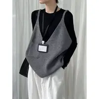Femmes noir gris bref grande taille décontracté tricot gilet nouveau col en V sans manches pull mode marée printemps automne pull gilets 1